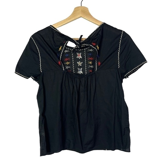 Madewell Black Embroidered Tie Back Cut Out Short Sleeve Blouse XS - Picture 4 of 5